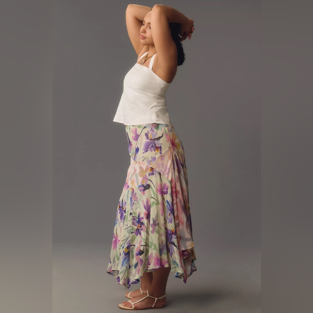 NWT By Anthropologie Asymmetrical Painterly Floral Midi Skirt - Picture 2 of 8
